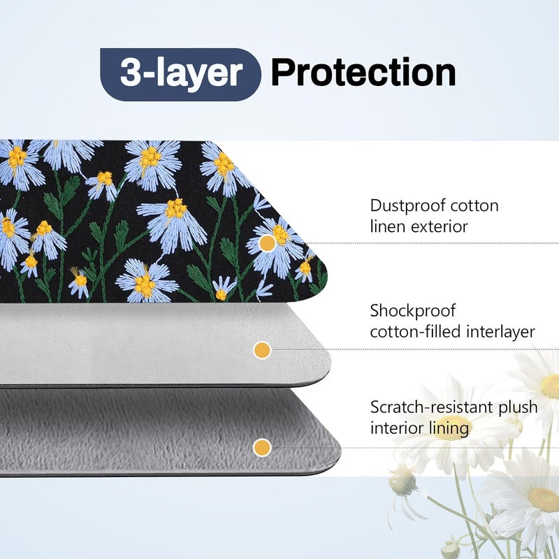Dadanism 6-7 Inch Embroidered Daisy Floral Padded Sleeve for 7" All-New Kindle Paperwhite/Colorsoft Signature Edition, Protective Sleeve Carrying Case for 6" Kindle E-Reader/Oasis/Kobo E-Reader, Black - Image 3